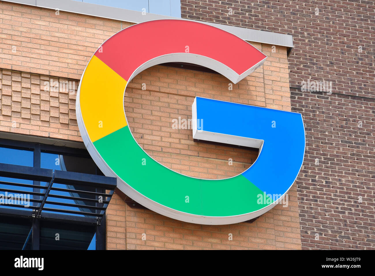 DETROIT, MI / USA - JUNE 30, 2019:  Google’s new office near Little Caesars arena in Detroit, whose logo is shown here, opened in 2018 and employs aro Stock Photo