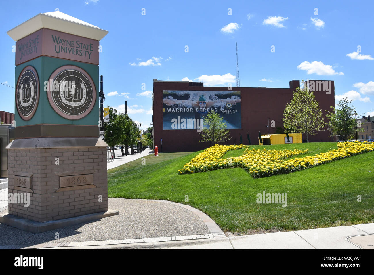 DETROIT, MI / USA - JUNE 30, 2019:  A sign on a building near Wayne State University displays the Warrior Strong logo Stock Photo