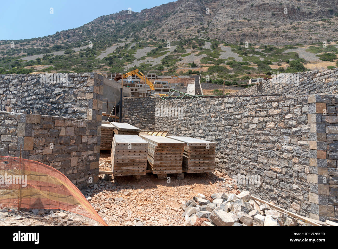 Plaka, Crete, Greece. June 2019. Construction work being carried out