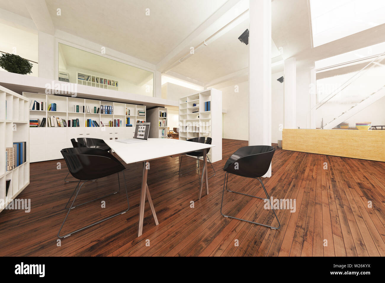 3d Rendered Open Office Space With Wooden Floor And High
