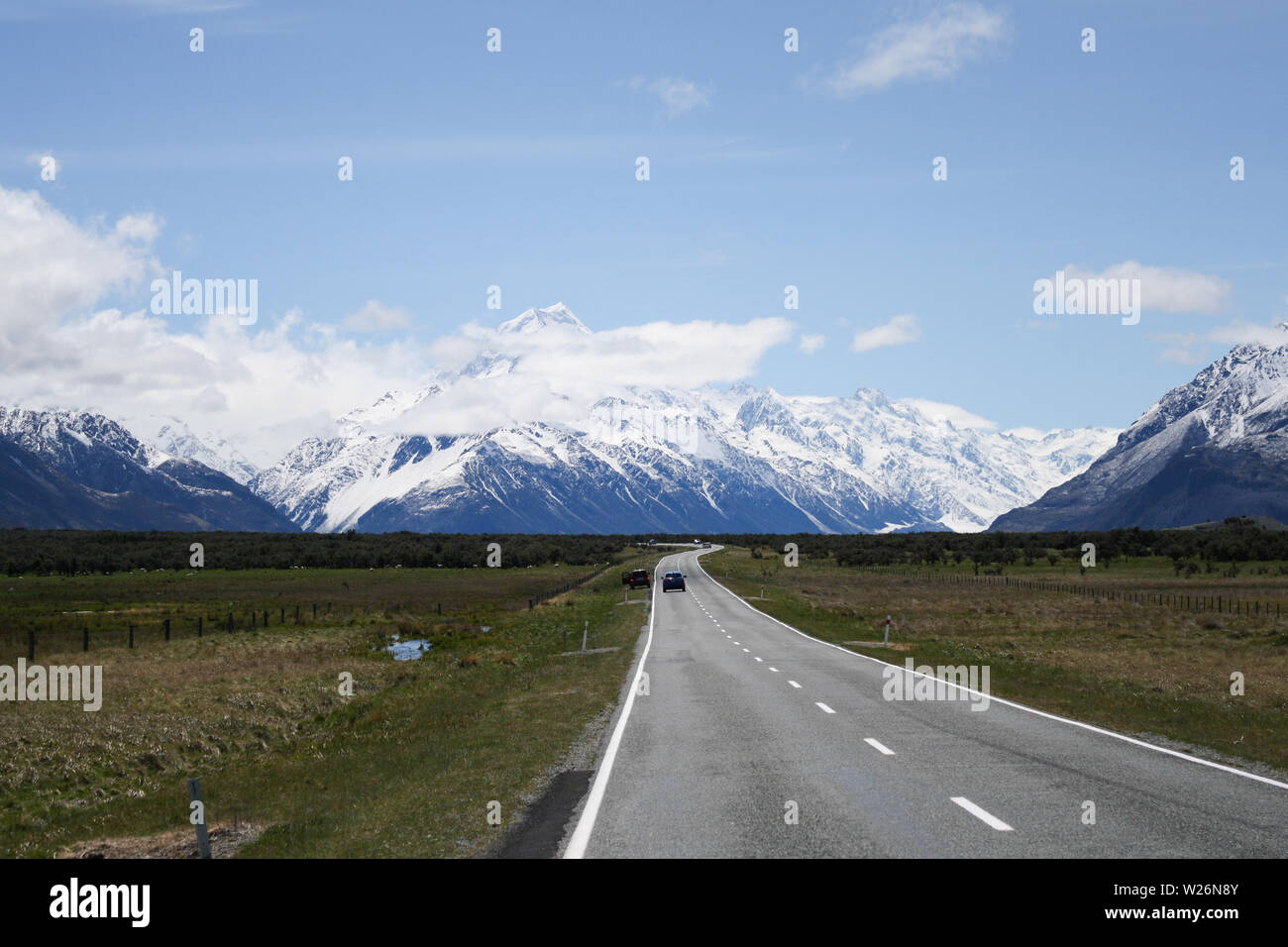 On the road leading to Mount Cook, the highest peak in New Zealand. Stock Photo