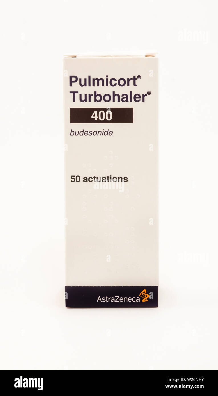 Pulmicort Turbohaler contains  budesonide, a corticosteroid used in the treatment of asthma. Stock Photo