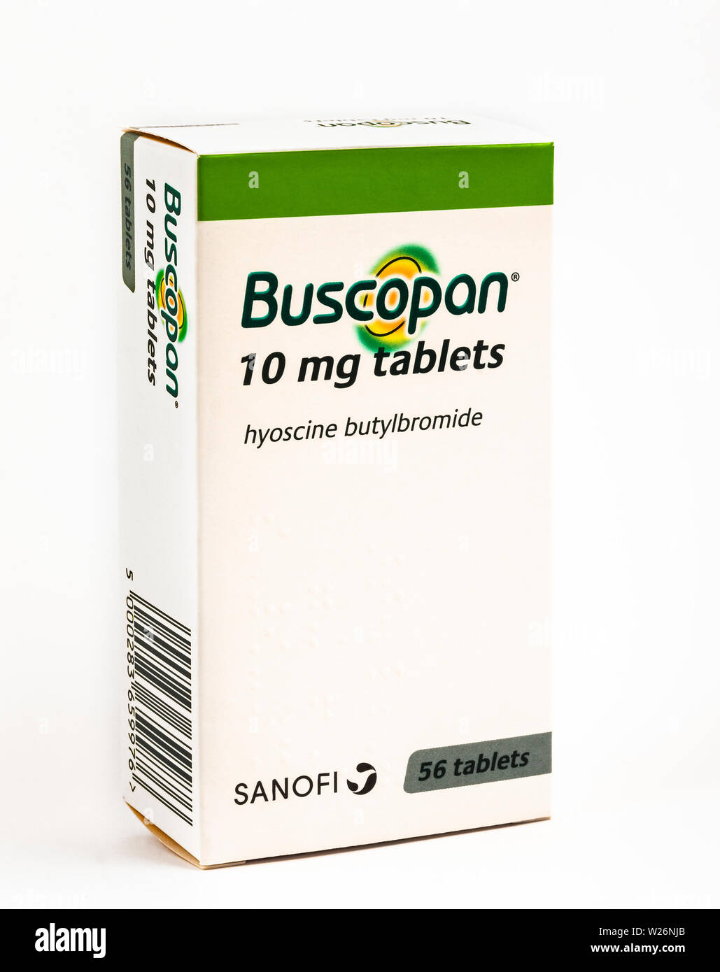 Buscopan used to relieve IBS and stomach cramps. The active ingrediant is  hyoscine butylbromide. Stock Photo