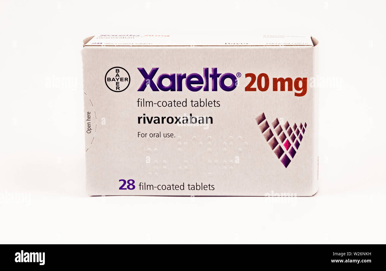 Xarelto (Rivaroxaban) used to prevent blood clots from forming due to atrial fibrillation. May be used after hip or knee surgery. Stock Photo