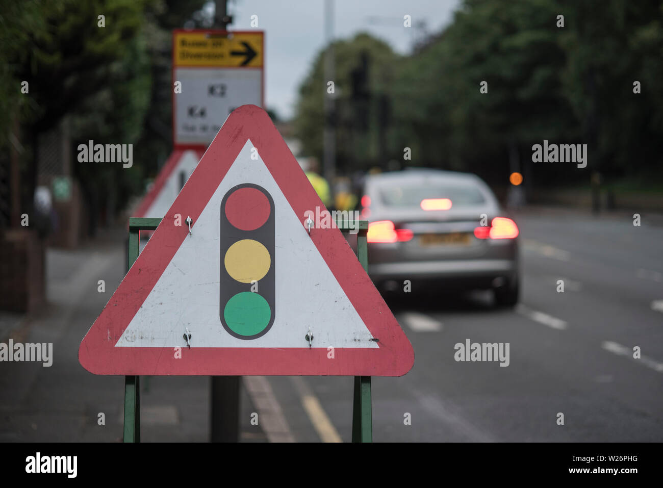 Road work signs on Kingston Hill, Surrey Stock Photo Alamy