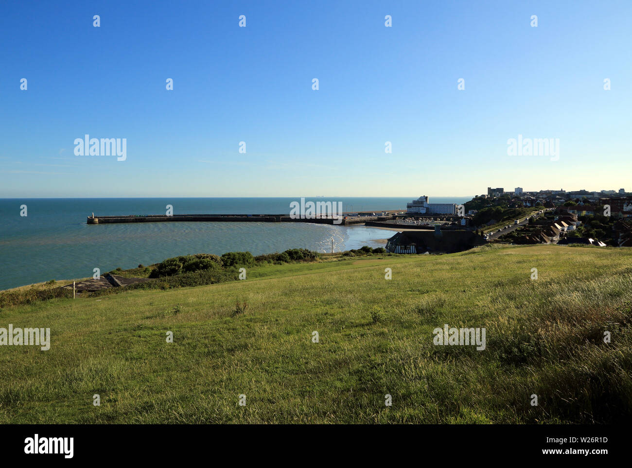 View of Folkestone Harbour Arm and Sunny Sands beach from Wear Bay Road