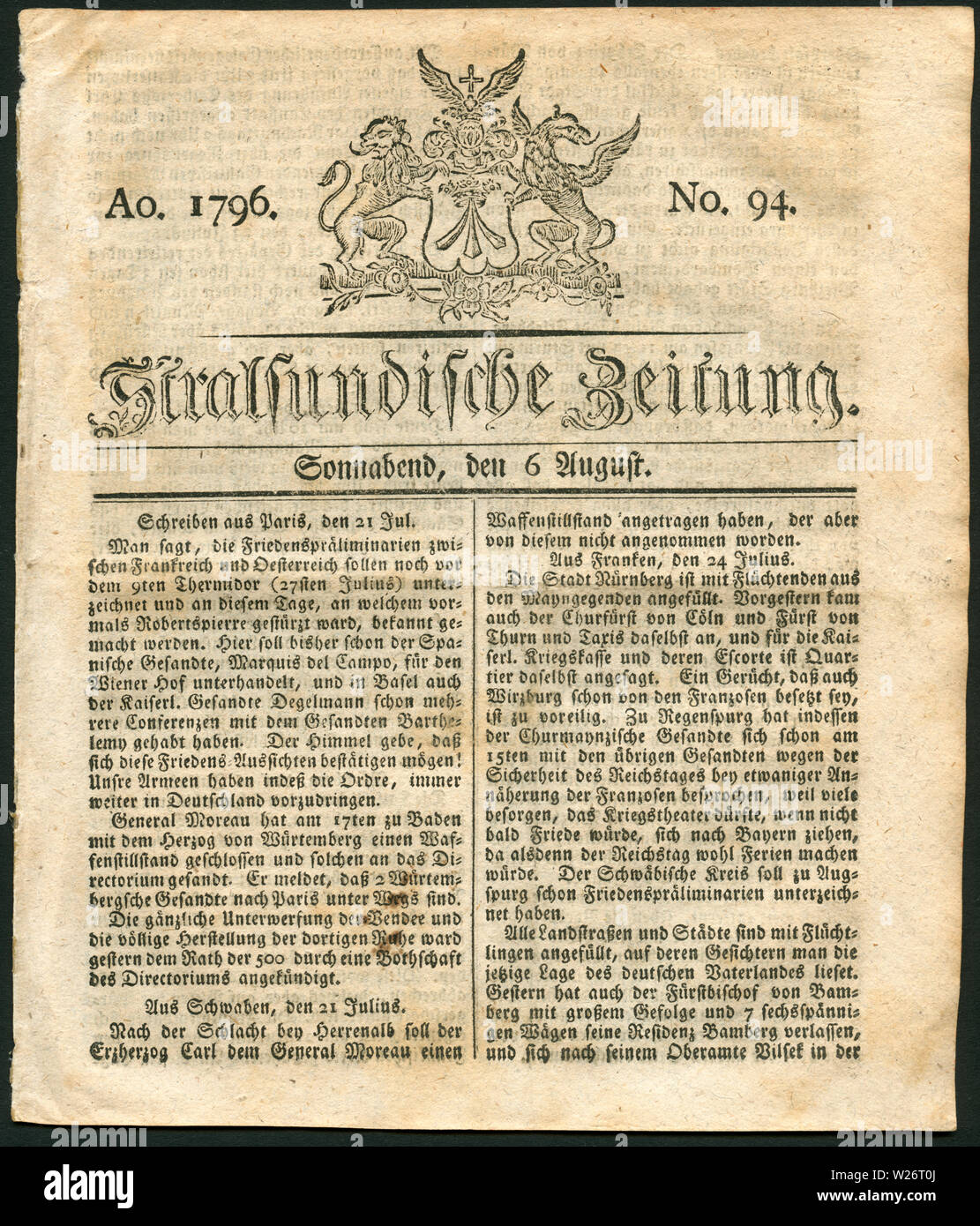 Europa, Deutschland, Mecklenburg-Vorpommern, Stralsund, historische Zeitung mit dem Titel : ' Stralsundische Zeitung ' , No. 94, 6. August 1796. / Eur Stock Photo