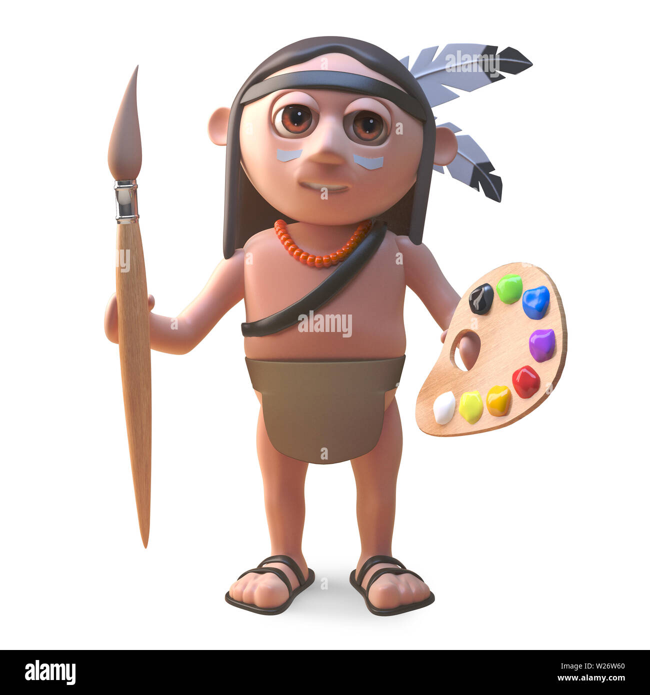 Artistic Native American Indian with paintbrush and palette, 3d illustration render Stock Photo