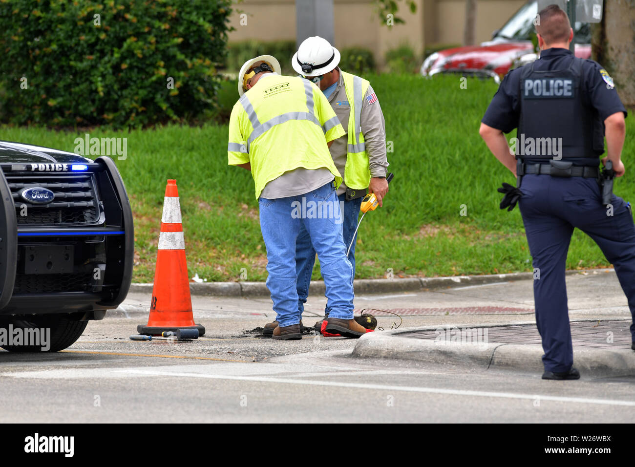 ********** NO New York POST******** PLANTATION, FL - JULY 6: Police and fire crews are combing through the rubble of an explosion that left a Florida shopping center looking like a war zone in Iraq officials said Saturday. The blast was reported at The Fountains shopping center in Plantation, just outside of Fort Lauderdale, Ruptured gas lines were found in the rubble but it has not been confirmed if the blast was caused by a gas leak according to the Plantation Police Department. About 20 people were injured, including two seriously, fire officials said on July 6, 2019 in Plantation, Florida Stock Photo