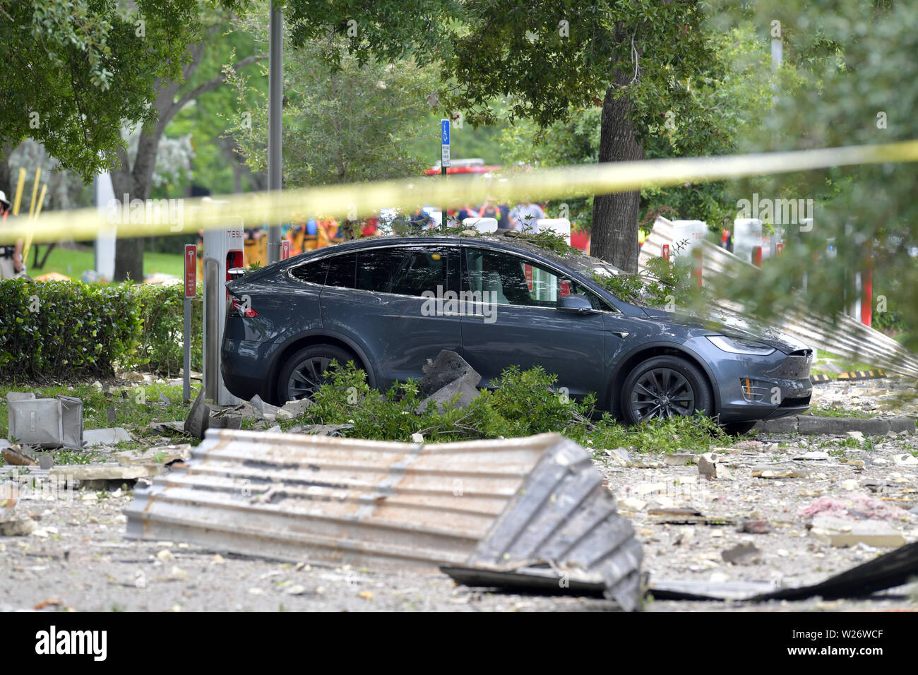 ********** NO New York POST******** PLANTATION, FL - JULY 6: Police and fire crews are combing through the rubble of an explosion that left a Florida shopping center looking like a war zone in Iraq officials said Saturday. The blast was reported at The Fountains shopping center in Plantation, just outside of Fort Lauderdale, Ruptured gas lines were found in the rubble but it has not been confirmed if the blast was caused by a gas leak according to the Plantation Police Department. About 20 people were injured, including two seriously, fire officials said on July 6, 2019 in Plantation, Florida Stock Photo