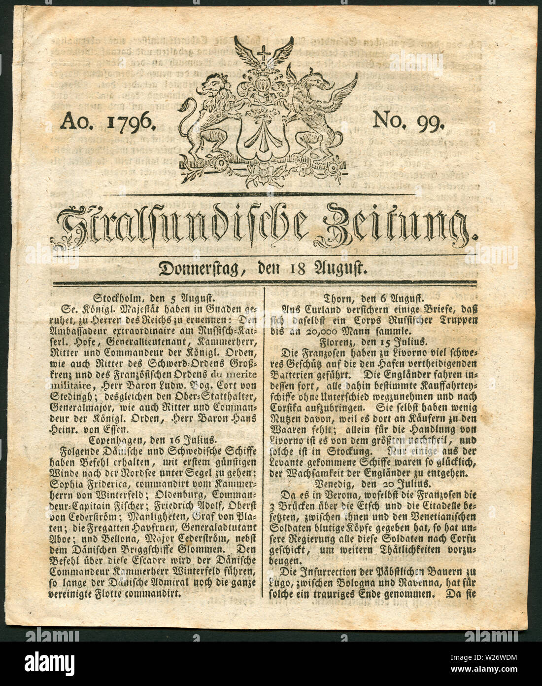 Europa, Deutschland, Mecklenburg-Vorpommern, Stralsund, historische Zeitung mit dem Titel : ' Stralsundische Zeitung ' , No. 99,  vom 18. August 1796 Stock Photo