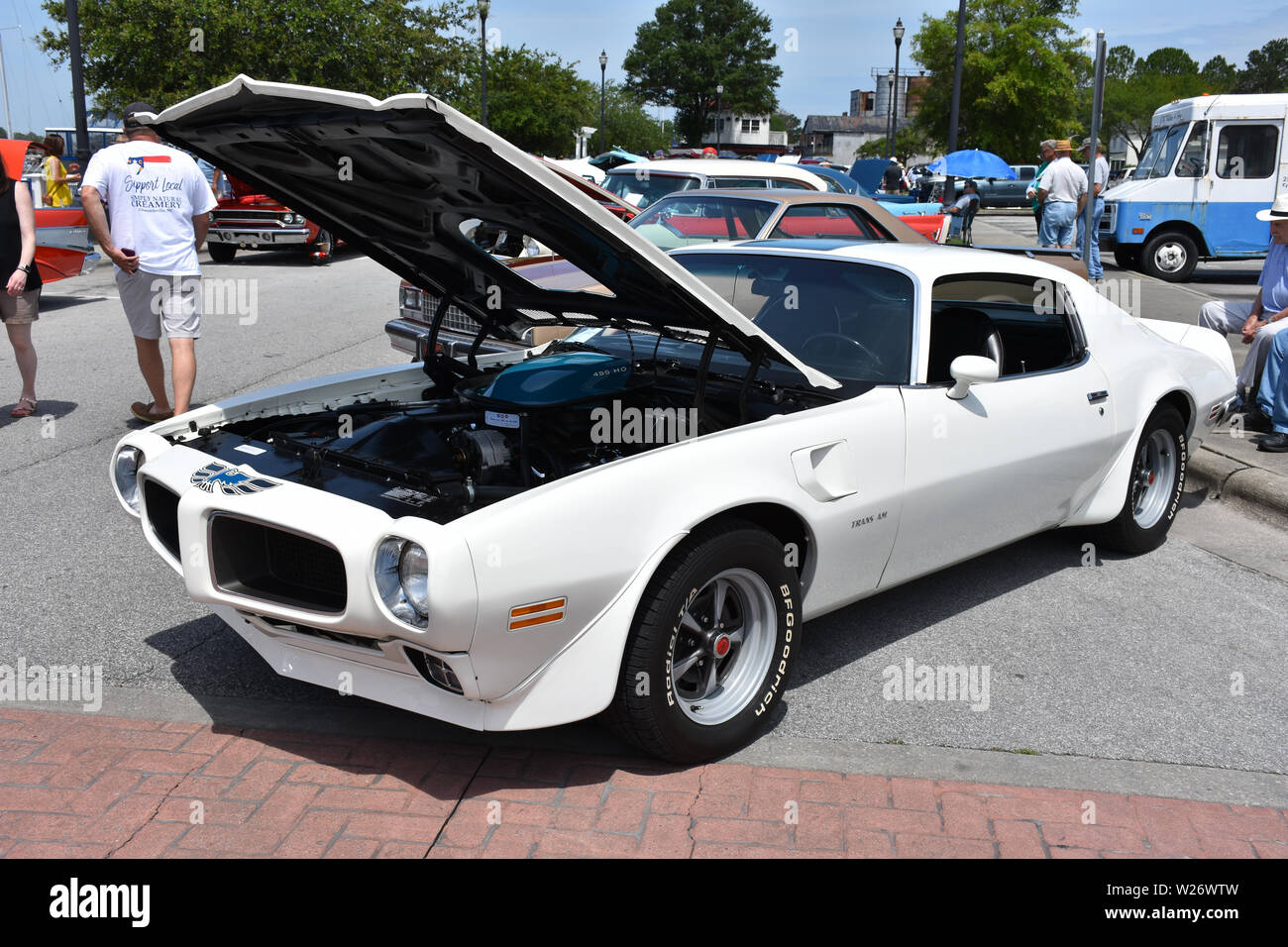 A Pontiac Trans Am with 455 engine on display at a car show. Stock Photo