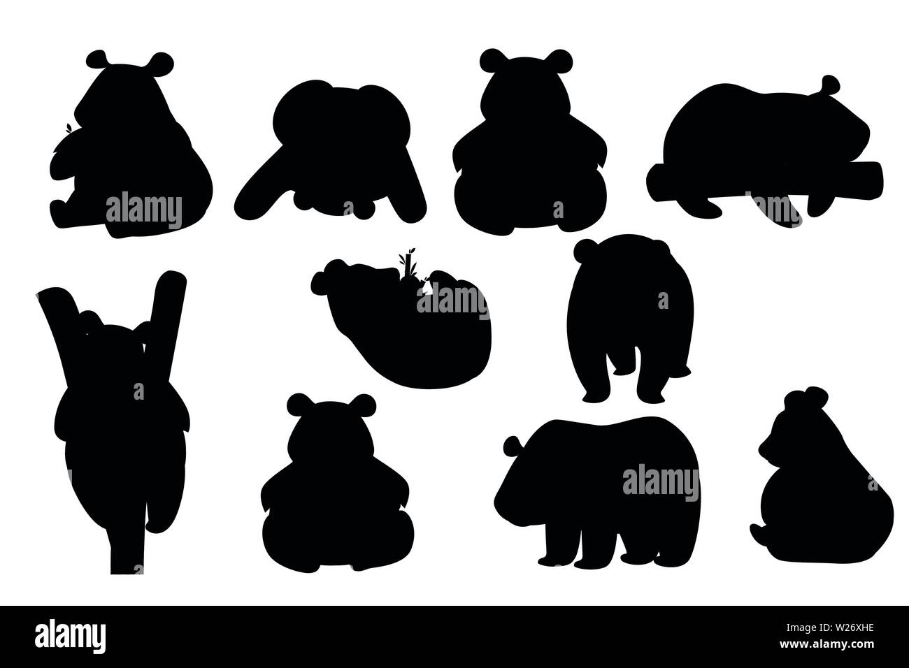 Black Silhouette Set Of Cute Big Panda In Different Poses Cartoon