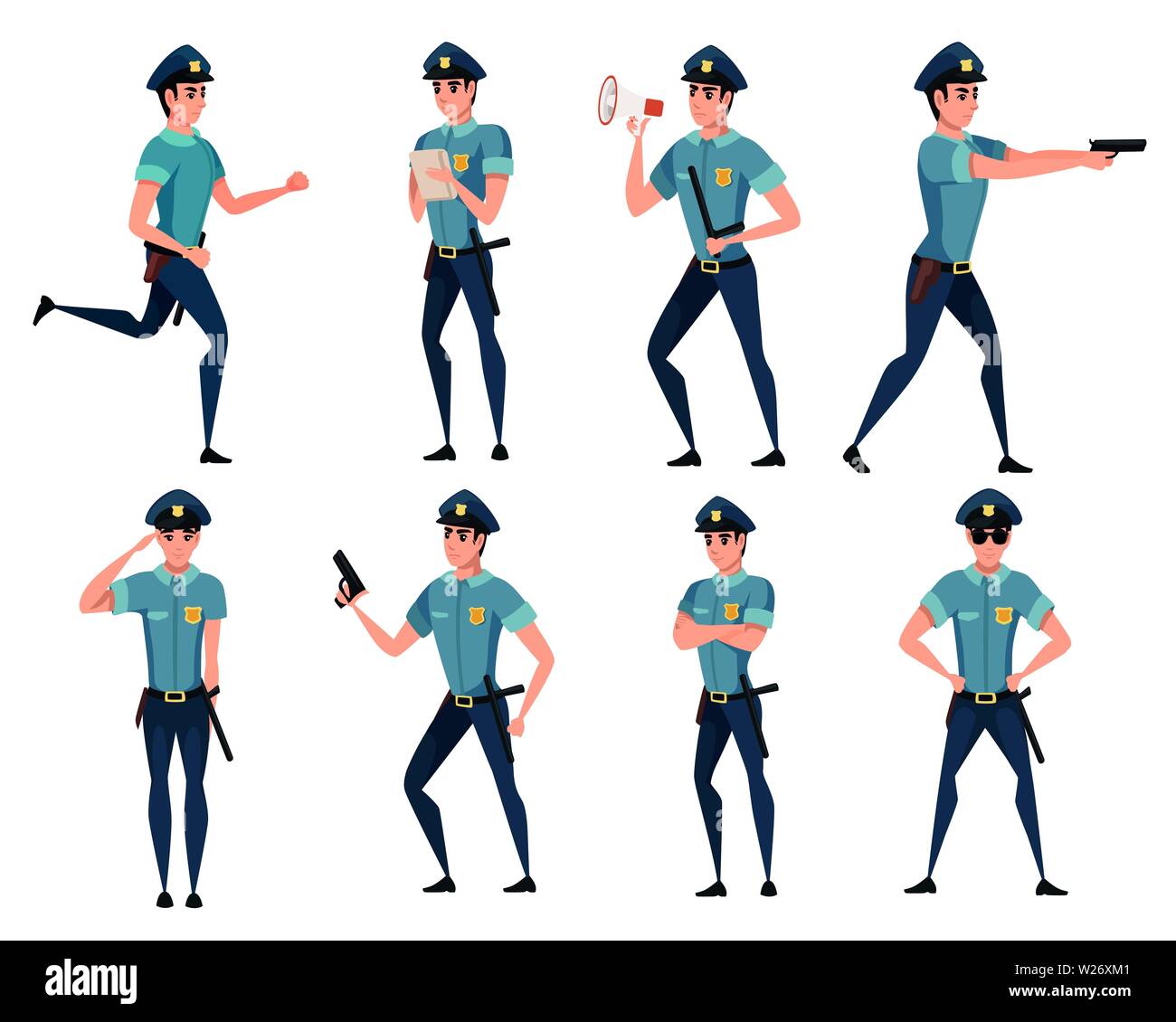 Set of police officer in different poses and wearing dark blue pants light blue shirt cartoon character design flat vector illustration. Stock Vector