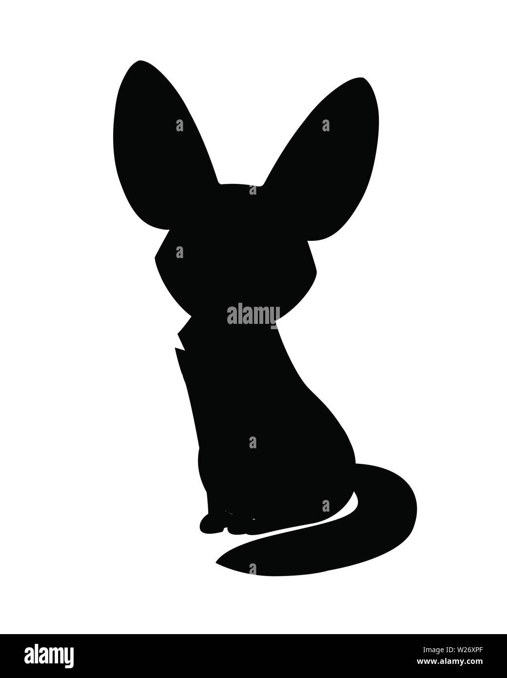 Black silhouette cute fennec fox sit on floor flat vector illustration cartoon animal design white background front view. Stock Vector
