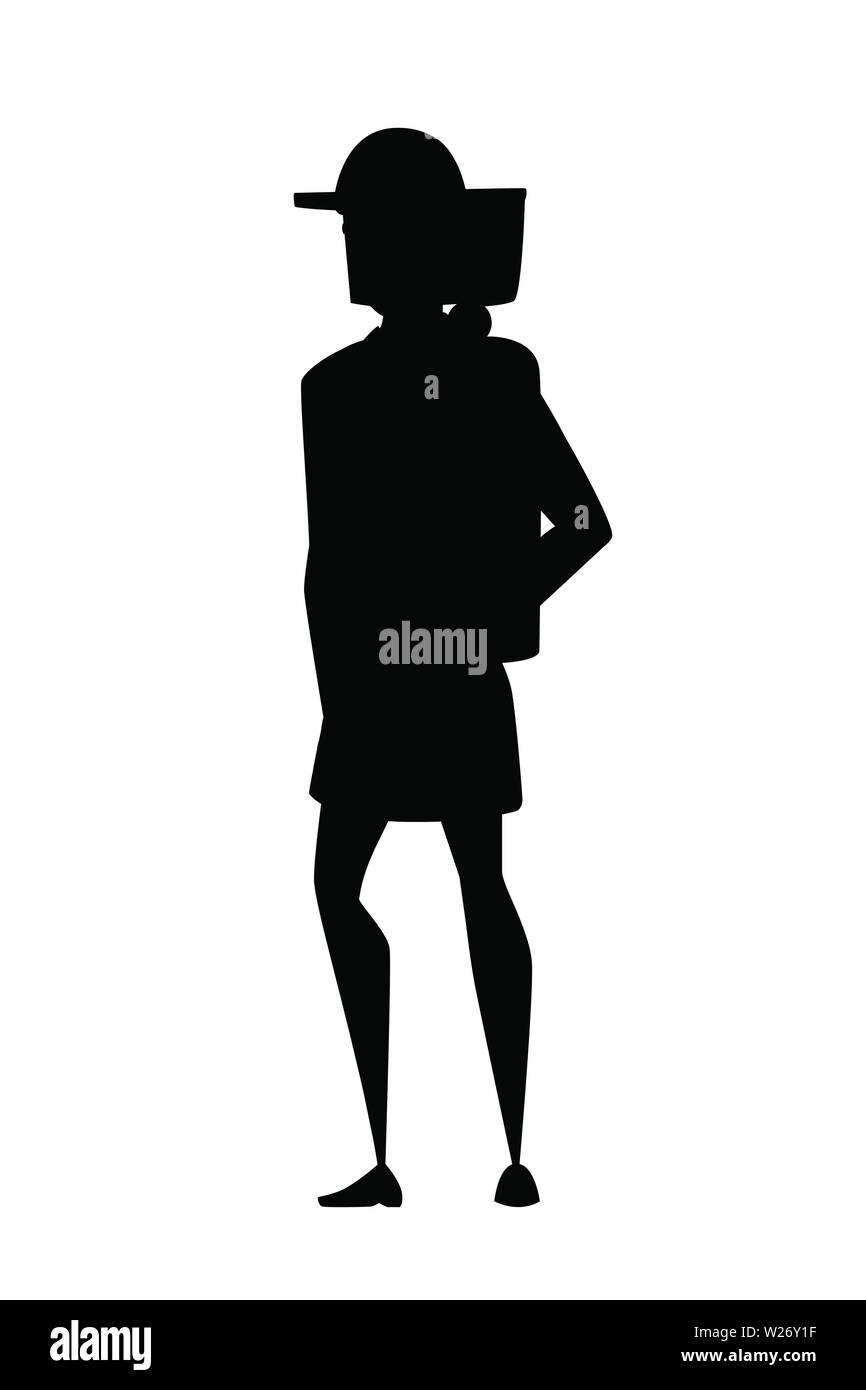 Black silhouette adult male firefighter stand on ground wearing fireproof form cartoon character design flat vector illustration. Stock Vector