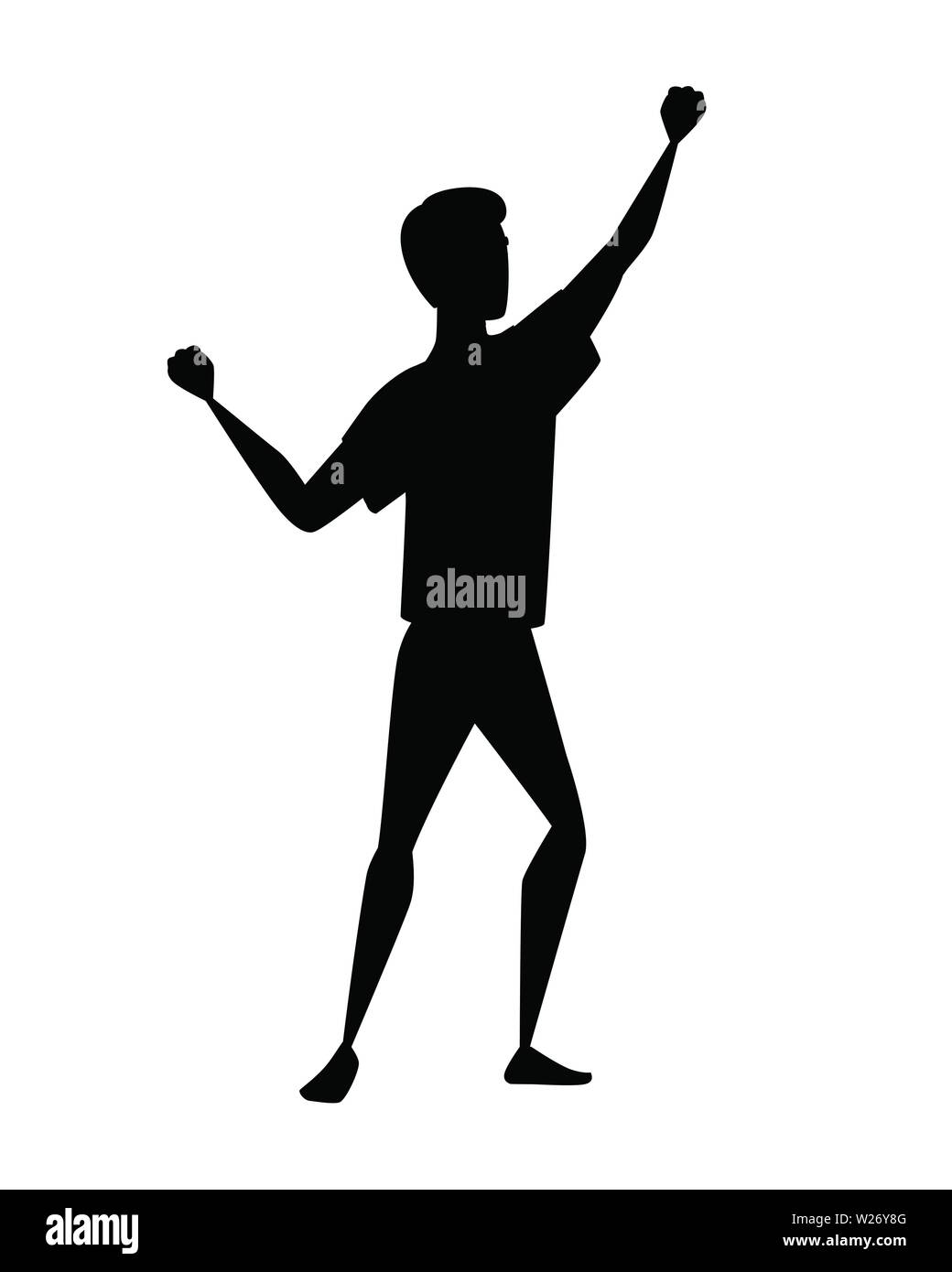 Black silhouette man wearing sports suit with upraised hand cartoon character design flat vector illustration isolated on white background. Stock Vector