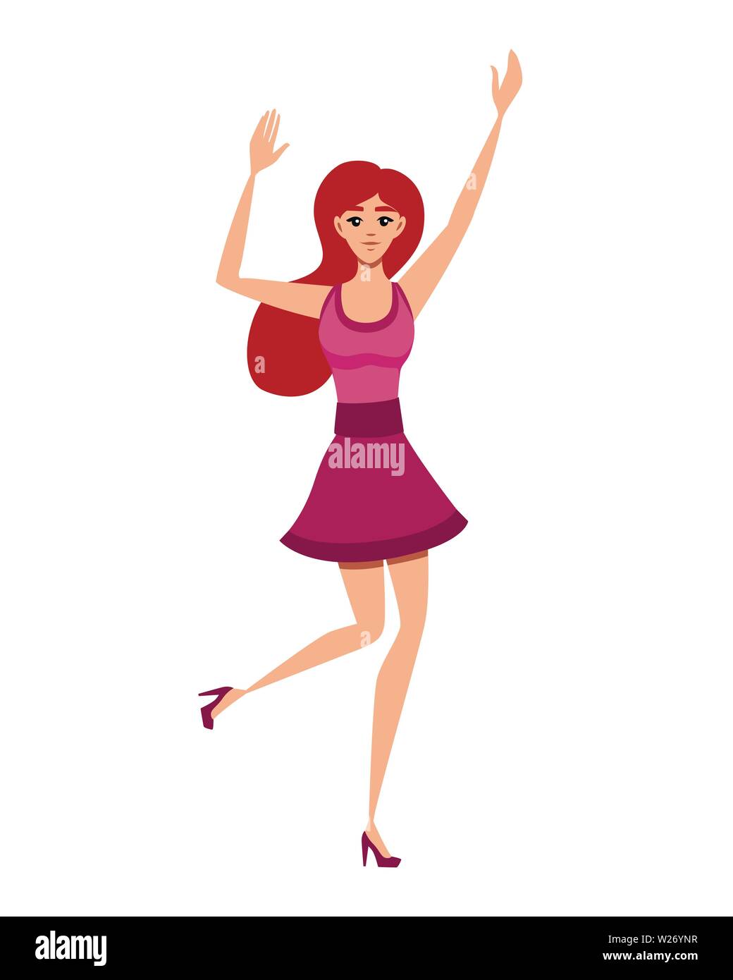 Happy woman in casual clothes with up raised arms cartoon character ...