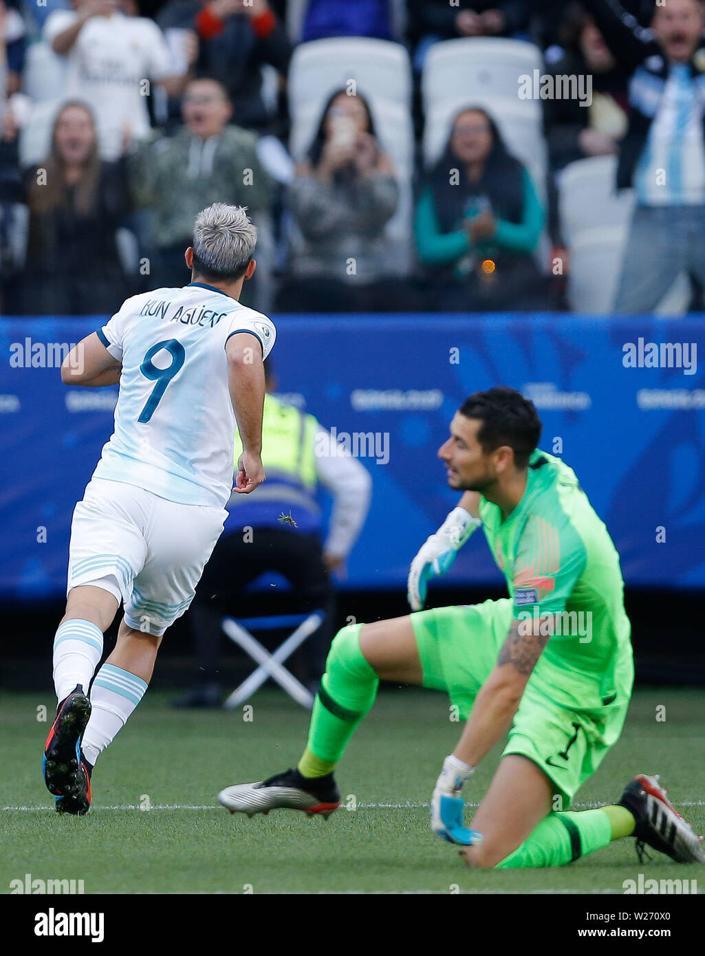 SÃO PAULO, SP - 06.07.2019: ARGENTINA VS. CHILE - Argentina's Sergio Kun Aguero celebrates after scoring a goal during a match between Argentina and Chile, valid for the third place match of the Copa América 2019, held this Saturday (06) at the Corinthians Arena in São Paulo, SP. (Photo: Marcelo Machado de Melo/Fotoarena) Stock Photo