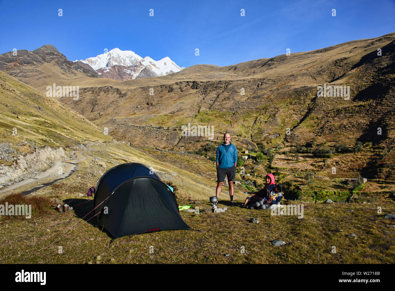 Camp in the high Andes along the Cordillera Real Traverse, Bolivia Stock Photo