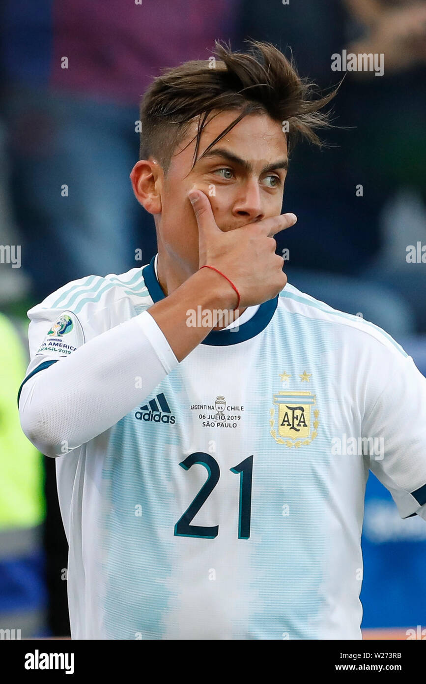 SÃO PAULO, SP - 06.07.2019: ARGENTINA VS. CHILE - Paulo Dybala celebrates his goal, the second of Argentina during match between Argentina and Chile, valid for the dispute of the third place of Copa América 2019, held this Saturday (06) at the Corinthians Arena in São Paulo, SP. (Photo: Ricardo Moreira/Fotoarena) Stock Photo