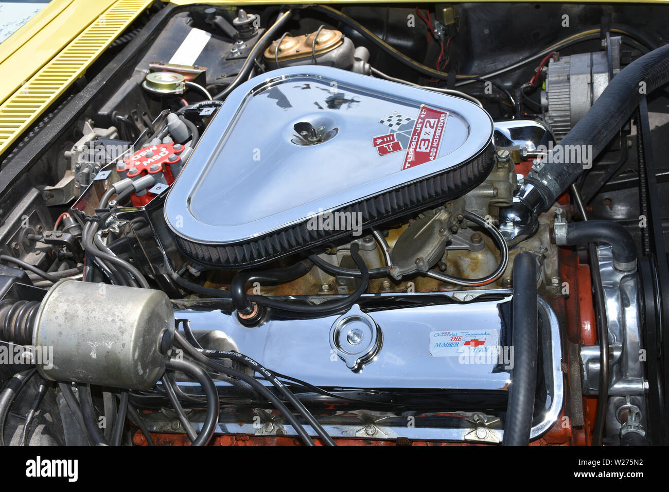A 427 Chevrolet Big Block Engine in a 1969 Corvette. Stock Photo