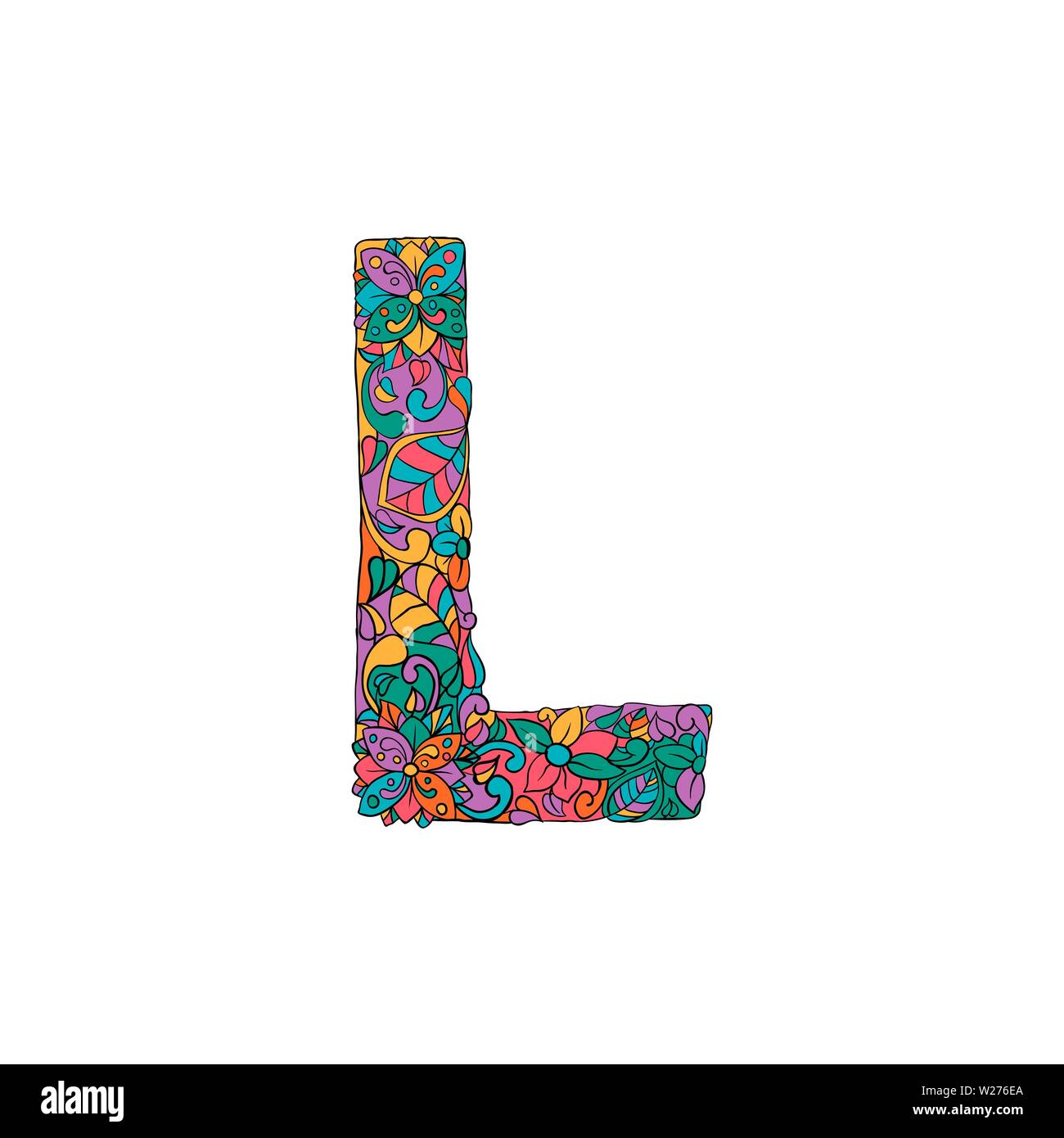 Colorful Floral Ornamental Alphabet, Initial Letter L Font. Vector Typography Symbol. Multicolored Poster for Adults. Isolated Ornament Design for Book Covers Stock Vector