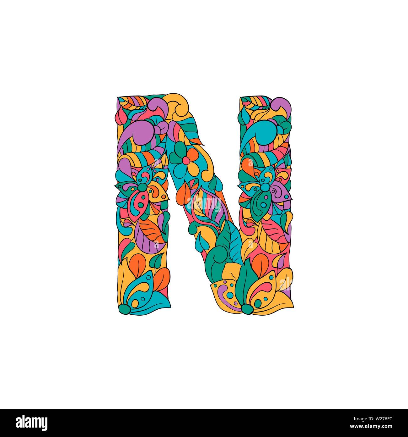 Colorful Floral Ornamental Alphabet, Initial Letter N Font. Vector Typography Symbol. Multicolored Poster for Adults. Isolated Ornament Design for Book Covers Stock Vector