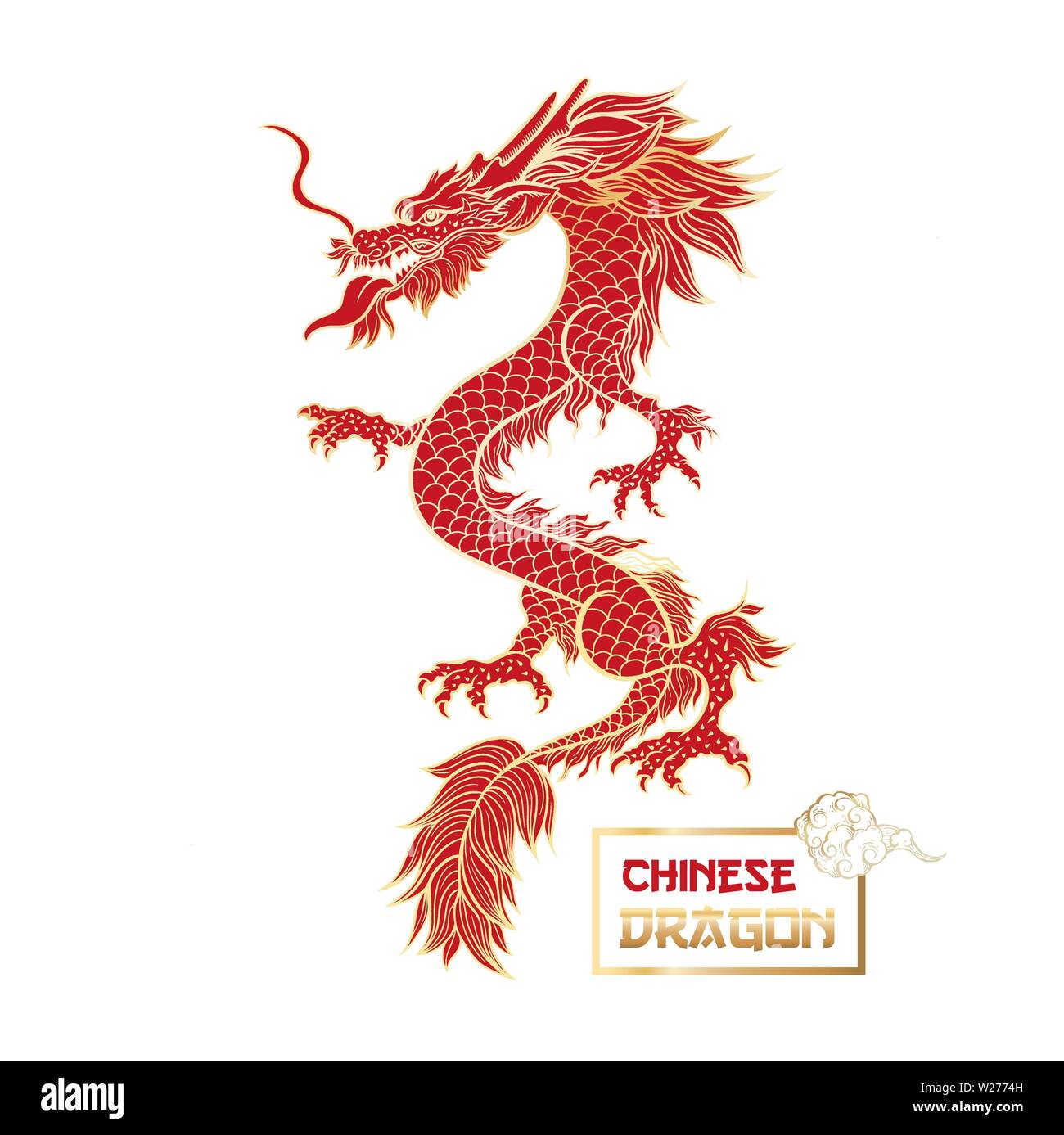 Chinese red dragon hand drawn illustration. Asian mythology serpent. Traditional oriental mystic red creature with gold ink outline. Legendary fantasy animal. Chinese New Year greeting card design Stock Vector