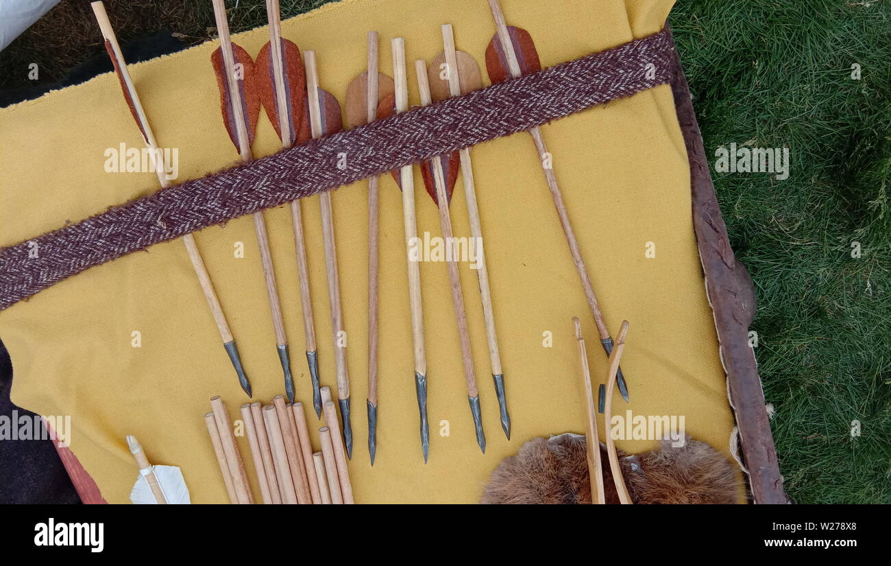 Arrows for the bow, for hunting game. Metal tips. Arrow. Russia. Stock Photo