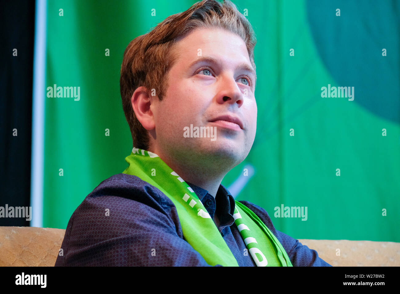 Dortmund, Germany, 21, June 2019: KEVIN KUEHNERT on a podium of the 37th German Protestant Church Congress. Kuehnert (born July 1, 1989 in West Berlin) is a German politician of the SPD Social Democratic Party.. Since 24 November 2017 he is Federal Chairman of the Young Socialists (Juso) Stock Photo