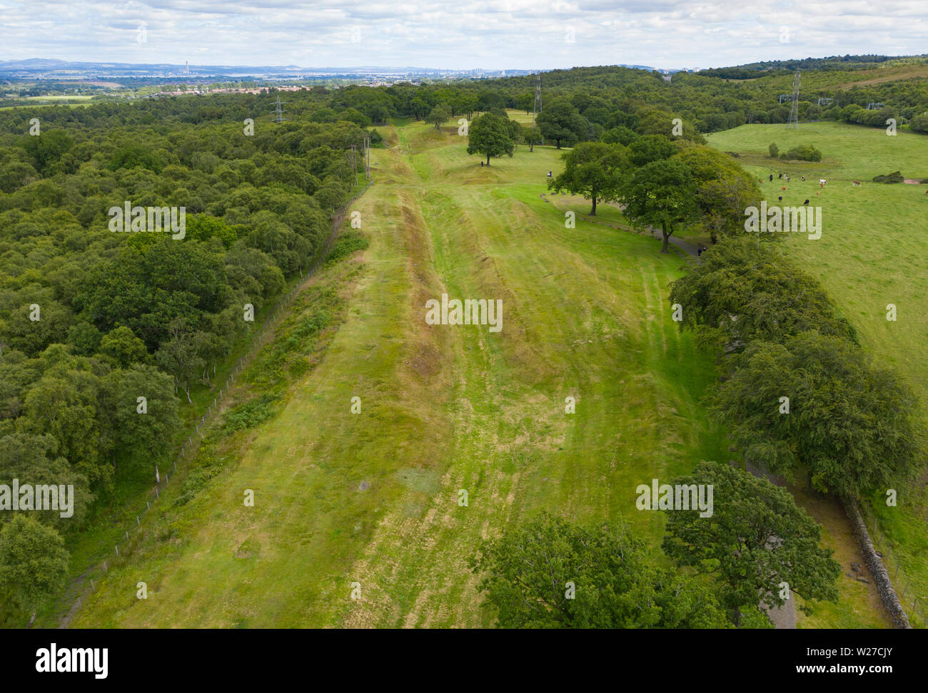 Aerial view showing route (looking east) of Roman Antonine Wall ditch ...