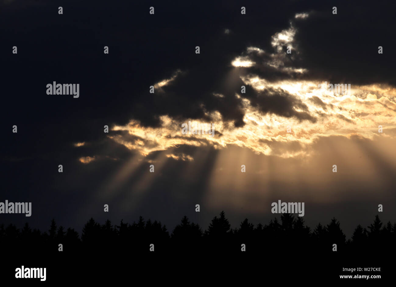 Ebersbach, Germany. 06th July, 2019. The rays of the low sun penetrate through the cloud cover. Credit: Karl-Josef Hildenbrand/dpa/Alamy Live News Stock Photo