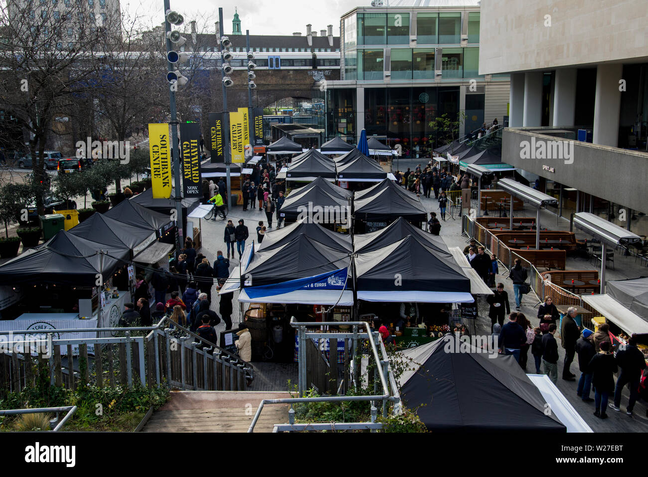 Overlooking the market plaza outside the Royal Festival Hall on the south bank of the Thames in London 2019 Stock Photo