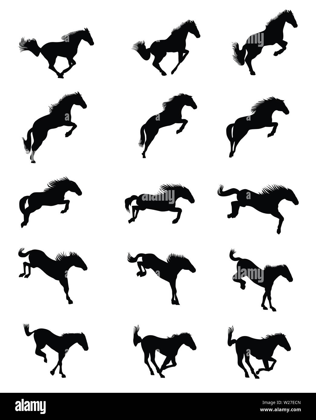Horse jumping anaimation sequence silhouette, loop animation sprite sheet vector Stock Vector