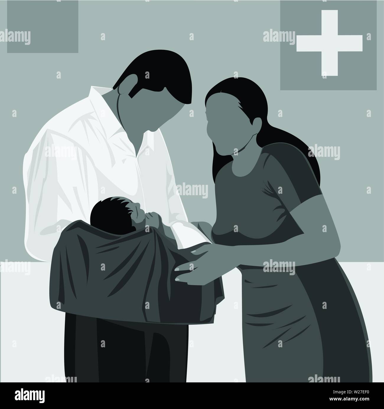 happy couple with newborn baby silhouette vector Stock Vector Image ...