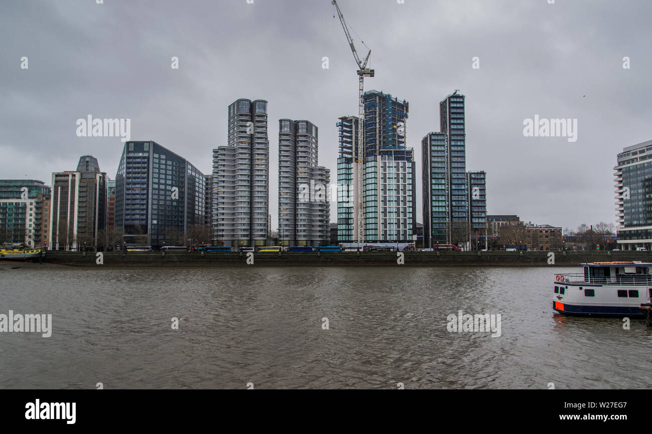 New hi-rise buildings on the south bank of the Thames on the Albert Embankment between Lambeth Bridge and Vauxhall Bridge in London 2019 Stock Photo