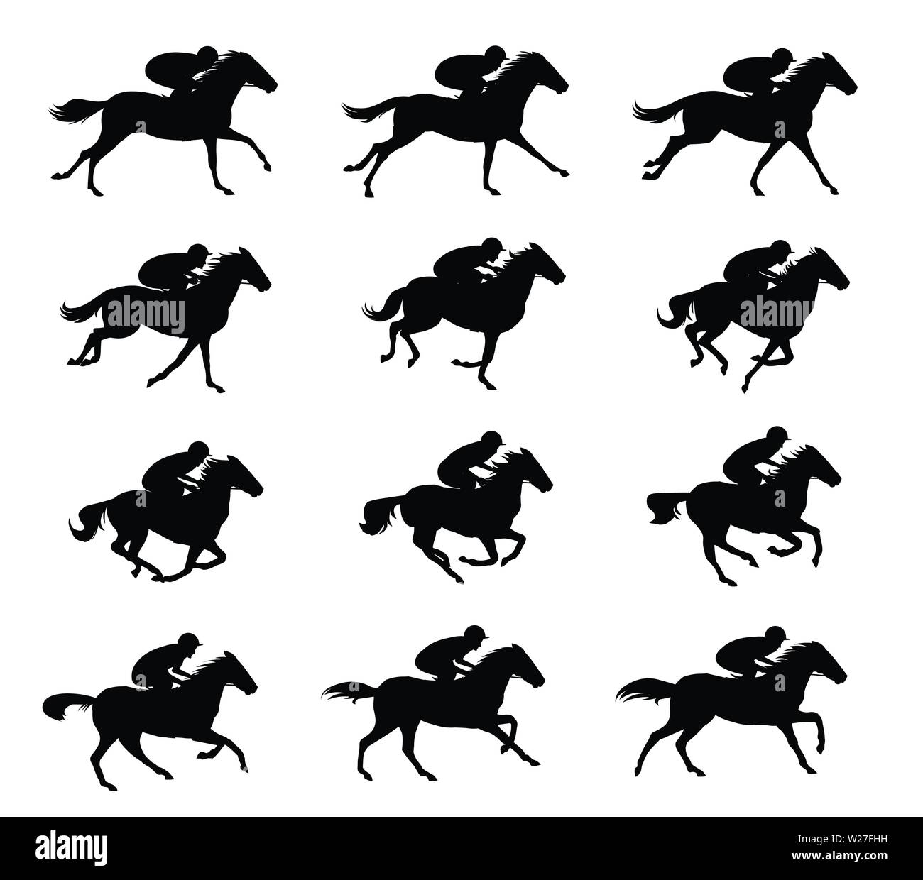 Horse rider Run cycle silhouette, loop animation sprite sheet vector Stock Vector