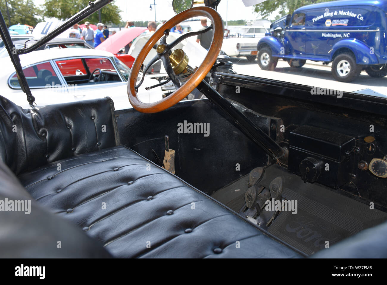 The Interior of a Ford Model T on display at a car show. Stock Photo