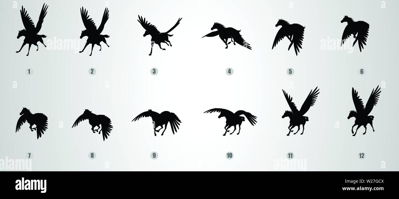 Pegasus run and flyinfg cycle vector silhouette, loop animation vector Stock Vector