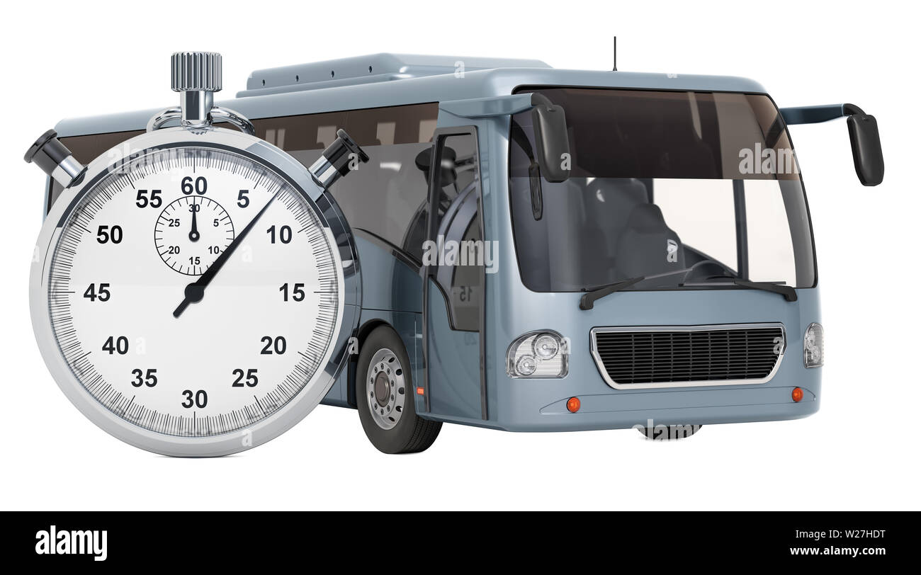 Bus with stopwatch, booking concept. 3D rendering isolated on white ...