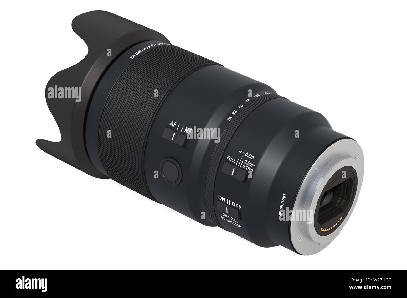Zoom camera lens 24240mm, F2. 3D rendering isolated on white