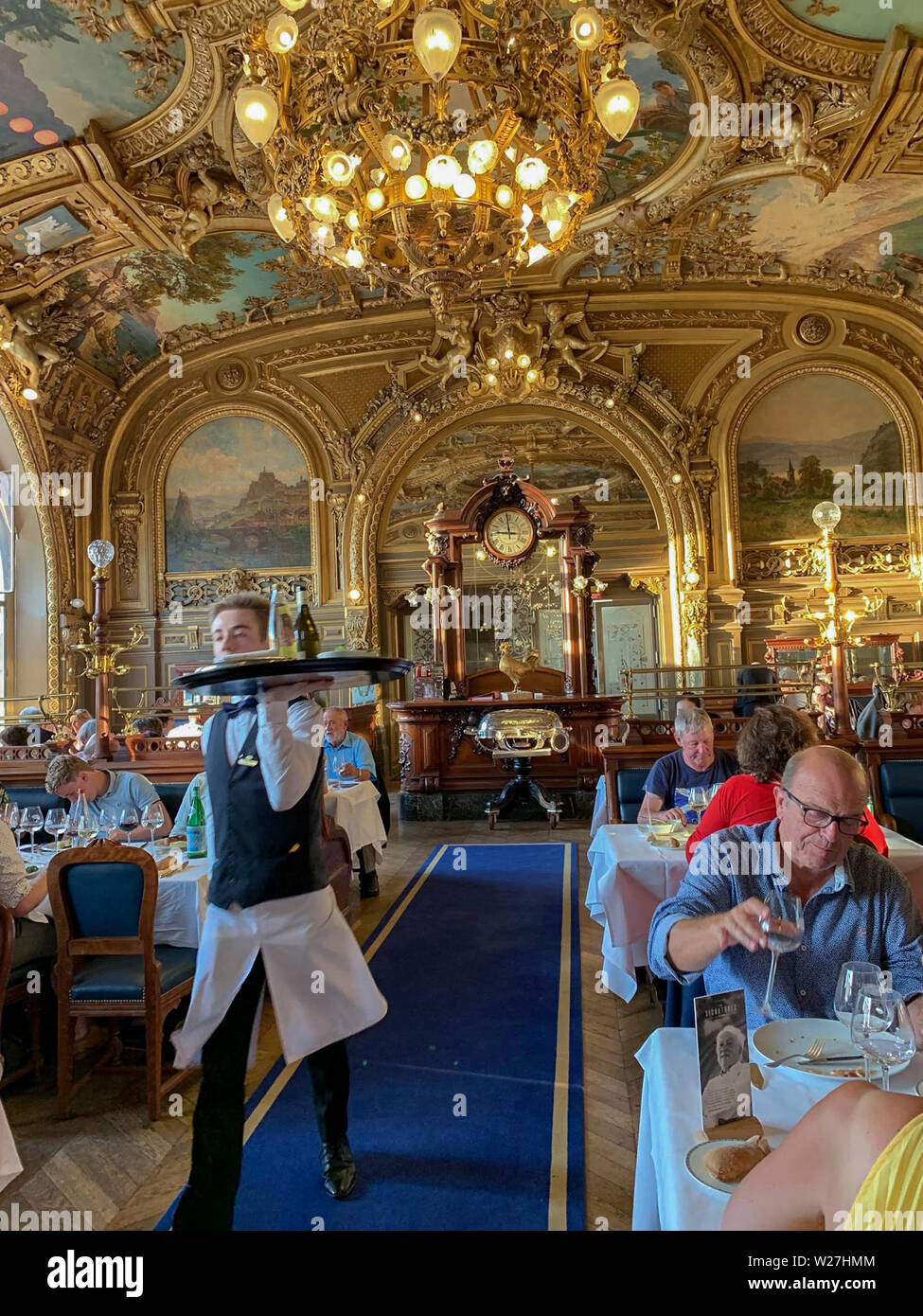 Paris, FRANCE,  People inside Traditional French Brasserie Restaurant interior,  Le Train Bleu, in Gare de Lyon Train Station, Authentic French lifestyle, paris traditional Stock Photo