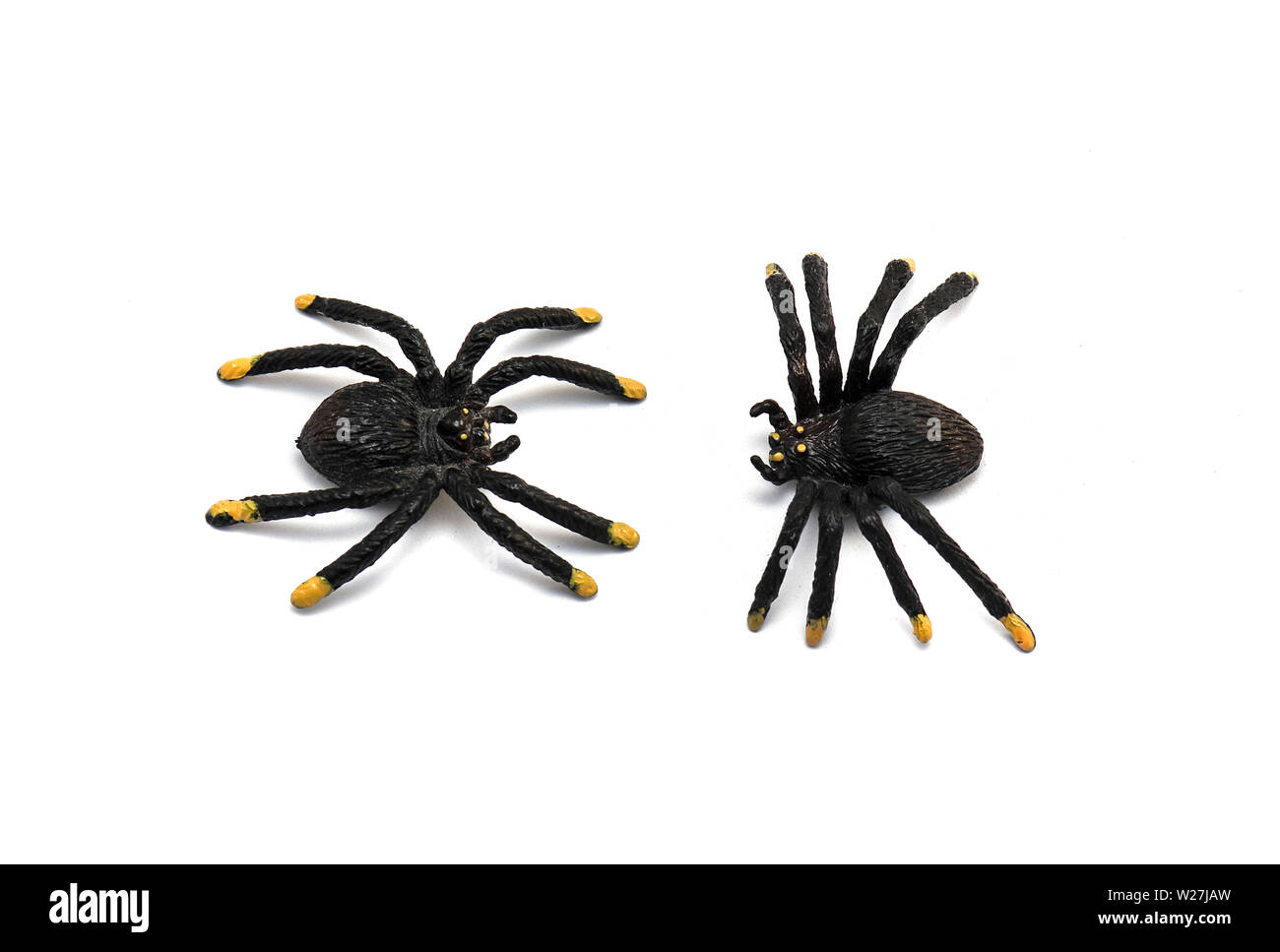 Two plastic Spider Toys isolated on white Background Stock Photo