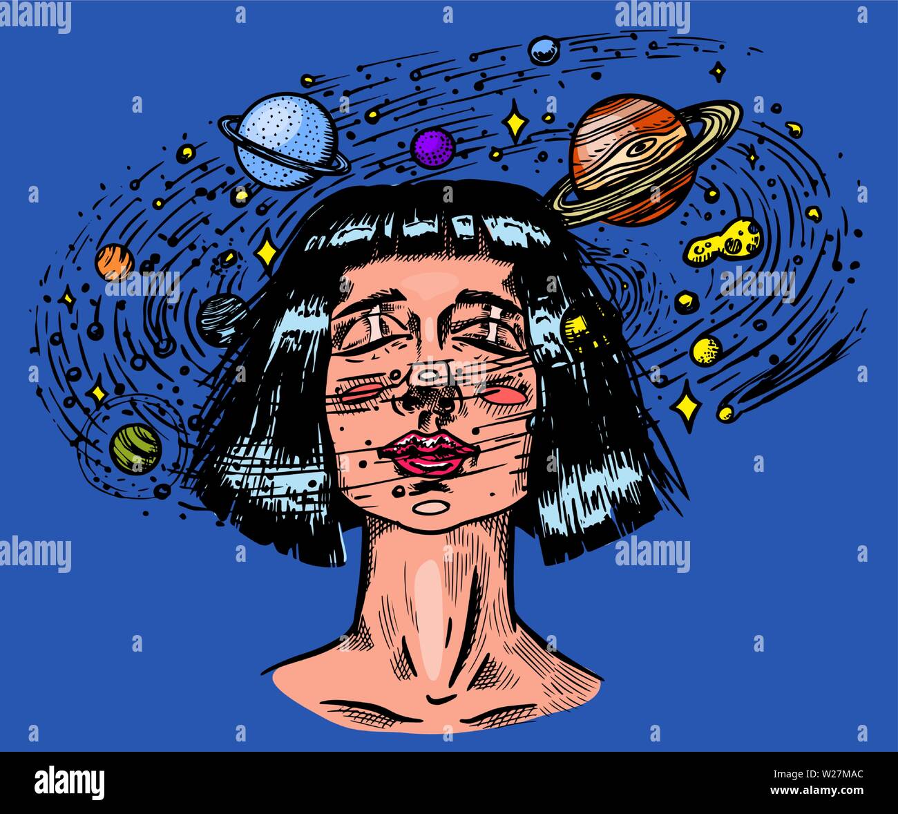 Young woman with planets. Double exposure Future girl astronomer and stars in space. Science fiction concept. Hand drawn engraved vintage retro sketch Stock Vector