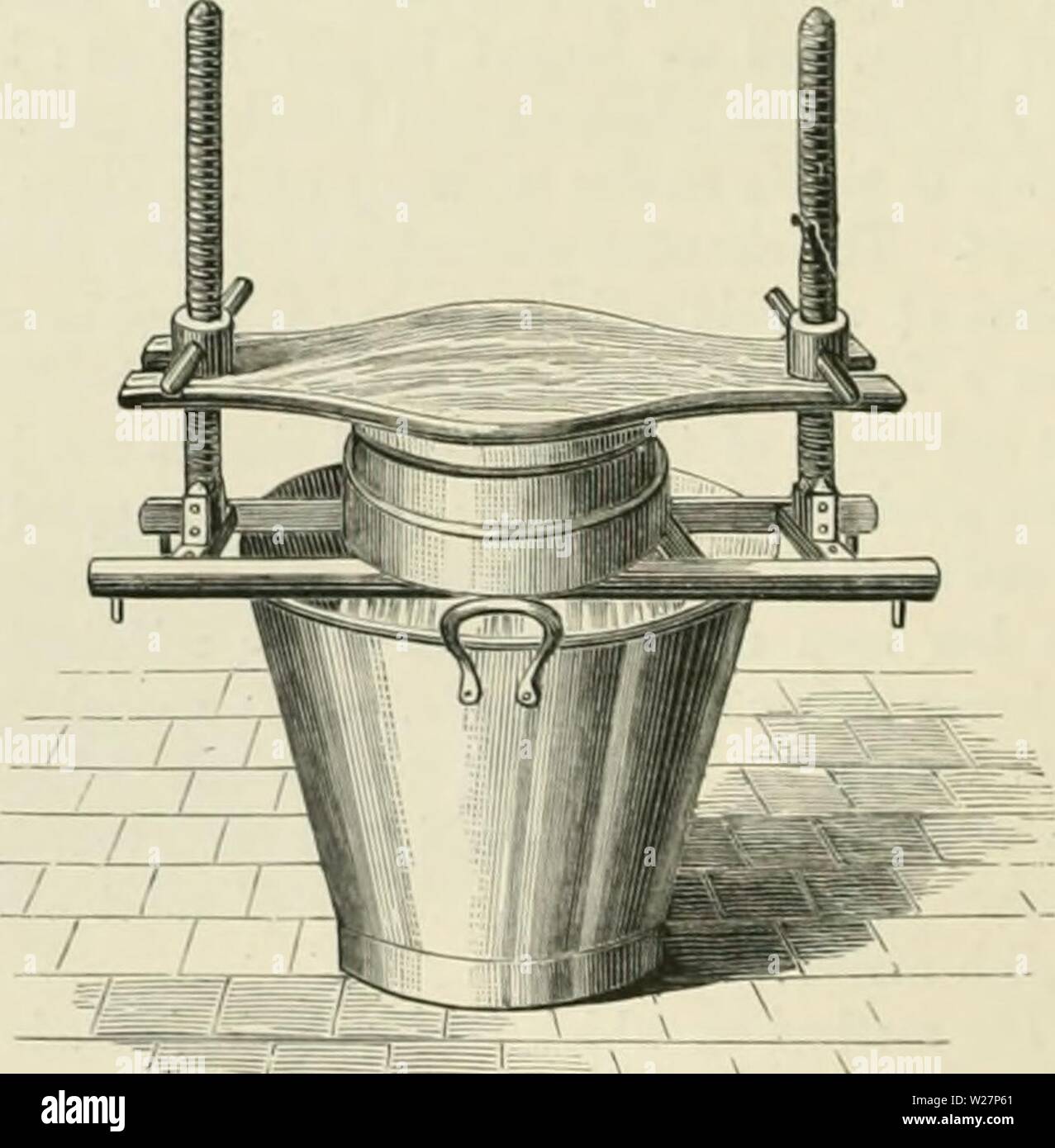 Archive image from page 303 of Dairy farming  being the. Dairy farming : being the theory, practice, and methods of dairying  dairyfarmingbein00shel Year: 1880  Fig. 115.—TUJS PoLE-PKESS. a weight, or the dairymaid balancing herself, on the top of the cheese-kettle. Later on, two upright wooden screws were attached to the ladder, far enough apart to admit of the cheese-vat resting there, and between them a piece of wood which passed over the curd in the vat. This implement (Fig. 11 (J) was called a ' screw-press;' it was found    Fig. IIG.—The Sckew-pbess. to be an exceedingly useful tool, and Stock Photo