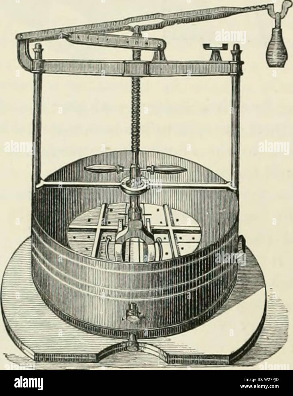 Archive image from page 305 of Dairy farming  being the. Dairy farming : being the theory, practice, and methods of dairying  dairyfarmingbein00shel Year: 1880  236 DAIRY FARMING. per diem are made, it is also used for all the suliso- quent pressinjj to wliieh the cheeses are suhjected. In large dairies, however, a larg'er lever-press, that is compound in action (Fi&lt;?. 119), is used for the later statjes of pressing. It is a very strong im- plement, exceedingly simple and easy to work, and thoroughly cflicient in all respects. Having two fixed upright bars on either side, the cheeses are al Stock Photo