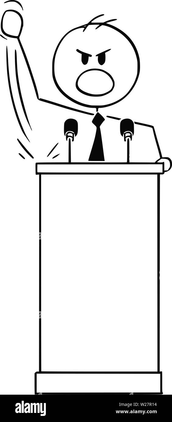 Vector cartoon stick figure drawing conceptual illustration of rude aggressive man or politician speaking or having speech to public or followers on podium or behind lectern. Stock Vector