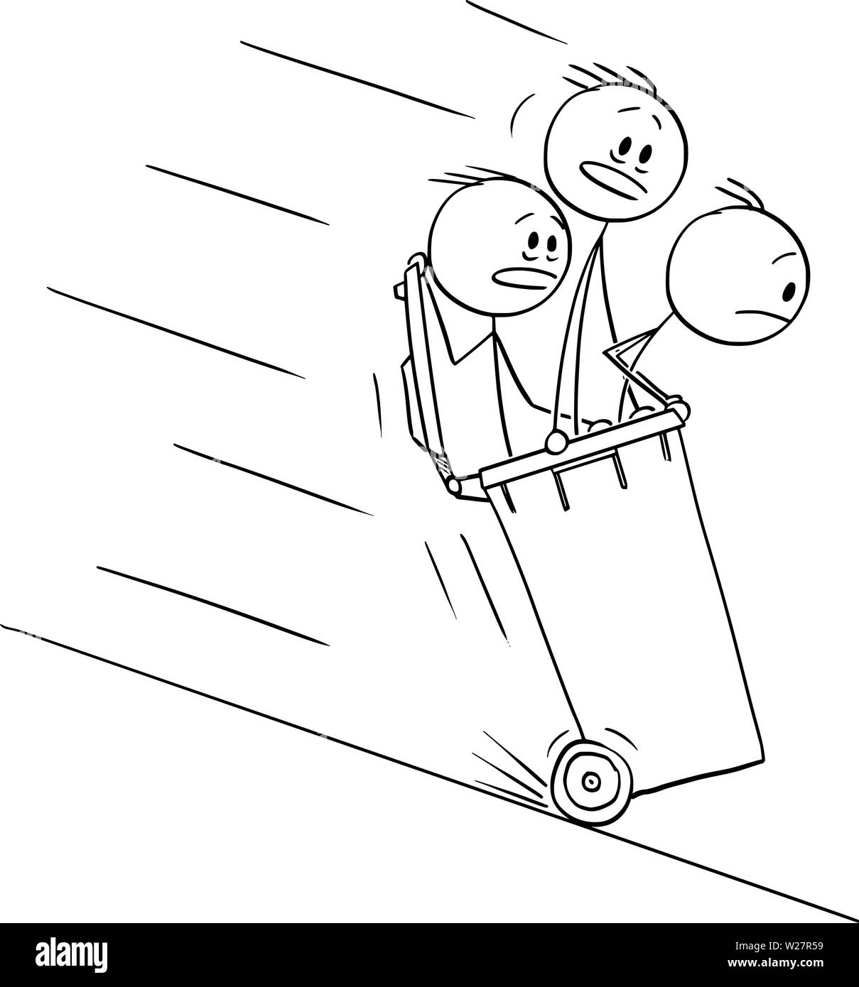 Vector cartoon stick figure drawing conceptual illustration of men or businessmen riding inside of wheelie bin down the hill. Stock Vector