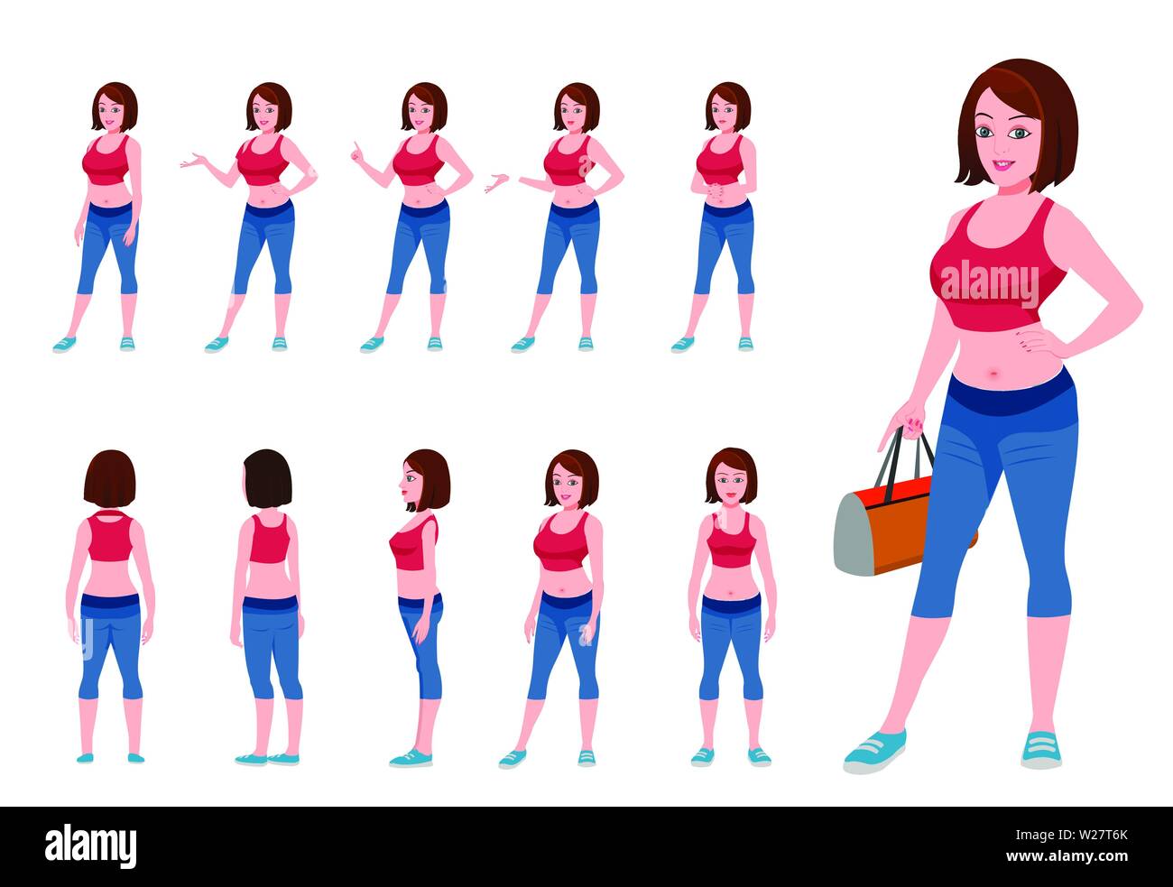 Fitness girl Character Model sheet and turnarround Stock Vector Image